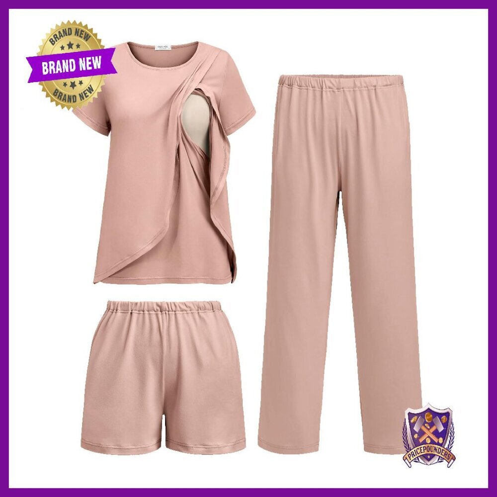 Maternity Nursing Pajama Set 3-Piece Short Sleeve Top Shorts Pants